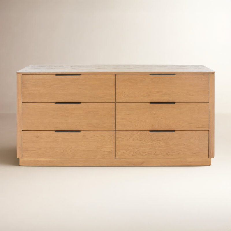 Tahani 58" W 6-Drawer Horizontal Rubberwood Double Dresser, Natural/Black