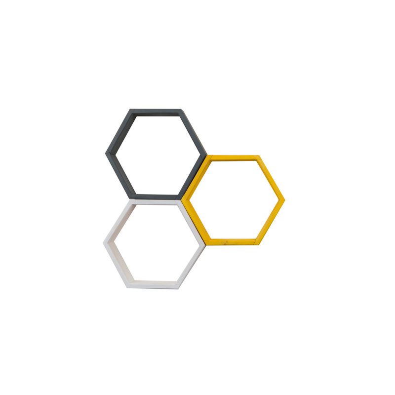 Tablette murale moderne, motif géométrique, blanc et anthracite avec accents jaunes, 22,8 x 15,0 x 3,5 pouces | Panneau de fibres à densité moyenne de 0,71 pouce d'épaisseur durable, installation murale facile | Solution de rangement élégante pour la maison et le bureau
