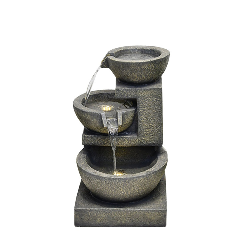 Cascading Bowl Fountain with Dual Warm White LED Lights, Gray, 24" H x 14" W x 14" D