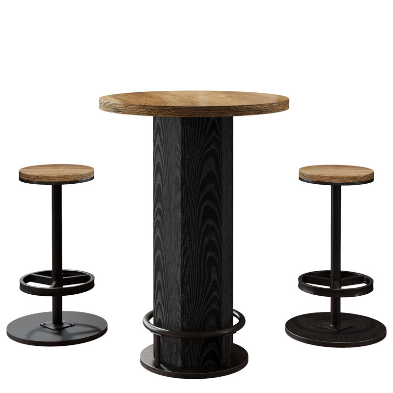 Table de bar industrielle ronde avec 2 tabourets de bar, Brown /Black