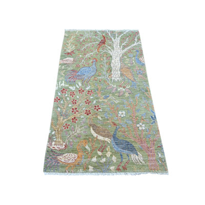 Tapis oriental oriental 3 pi x 5 pi 3 po vert sauge avec motif d'oiseaux de paradis coloré noué à la main, laine douce, teinture végétale