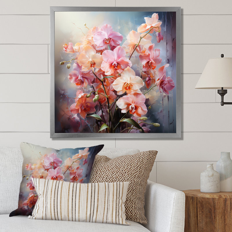 Impression romantique d'orchidées pêche II - impression, H 24 po x l 24 po x P 1 po, Cadre simple argenté