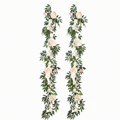 2Pack Artificial Peony Flower Garland - 5.9Ft/Strand Silk Peony Flower Greenery Garland With Fake Willow Leaves For Wedding Ceremony Backdrop Party Table Centerpieces Decor