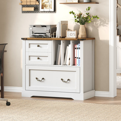 Classeur de style champêtre, classeur latéral à 3 tiroirs avec organisateur de dossiers, meuble de rangement pour dossiers A4 et Lettre, support d'imprimante avec rangement pour bureau à domicile