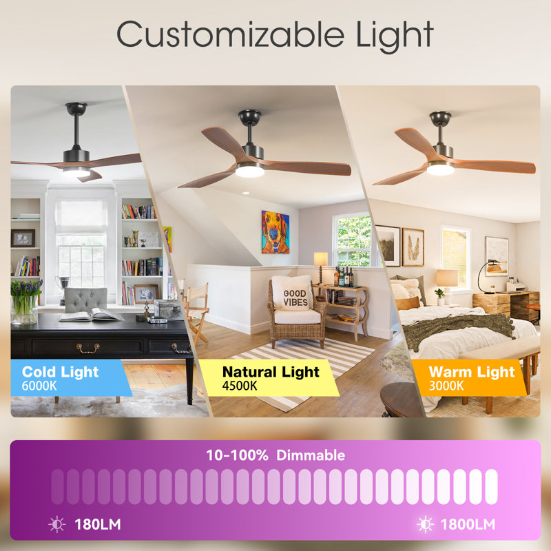 52" 3-blade Solid Wood Propeller Ceiling Fan With Remote Control And Dimmable Led Light Kit Included, Reversible Dc Motor