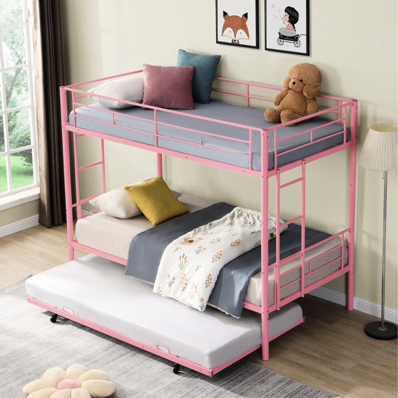 Lit superposé en métal rose avec lit gigogne - chambre à coucher moderne et élégante, solution peu encombrante, structure pour la longévité, utilisation silencieuse et stable, grande capacité de bruit, escalier sécuritaire, structure simple, facile à assembler