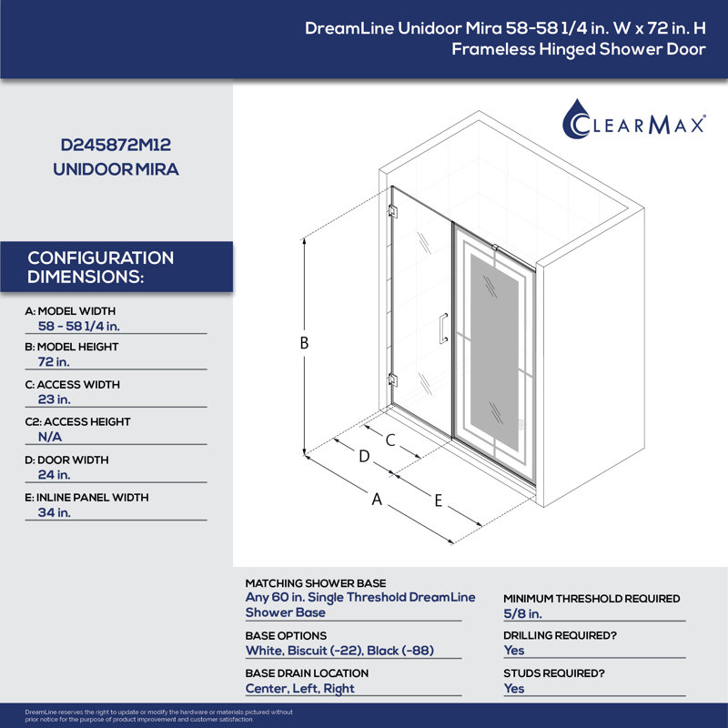 Unidoor Mira 58" W x 72" H Hinged Frameless Shower Door with ClearMax™ Technology
