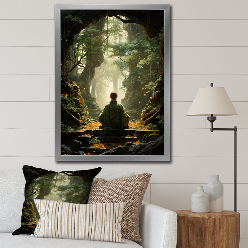 Art bouddhiste vert sur toile vert bouddhiste, L 24 po x H 32 po, Cadre photo argenté