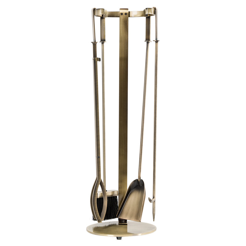 Aged Brass Steel Fireplace Tool Set with Brush, Shovel, Poker, Tongs, and Stand