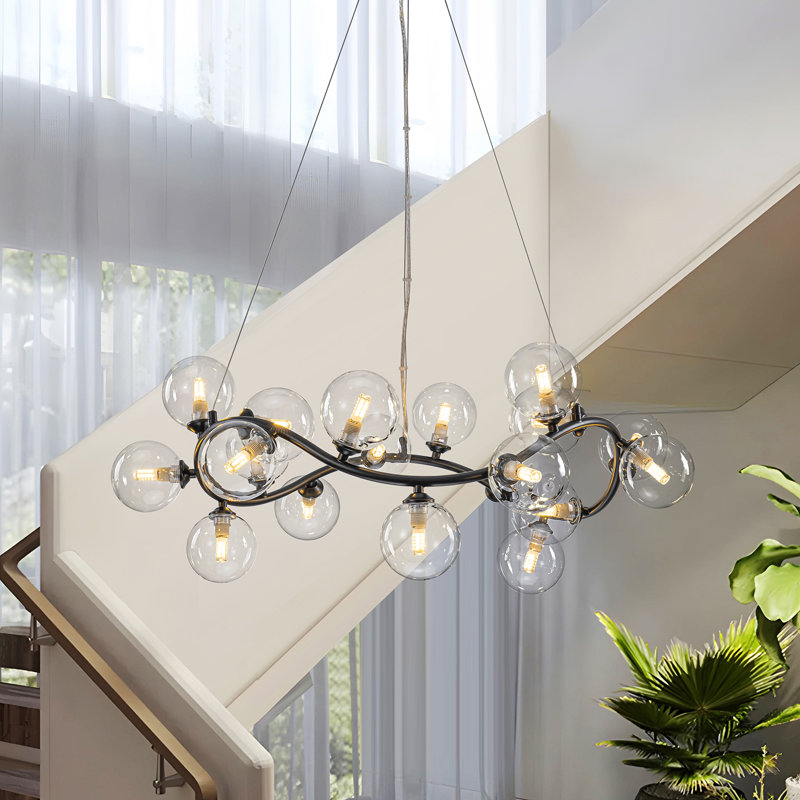 19-light Modern Twisted Glass Globe Chandelier, Matte Black