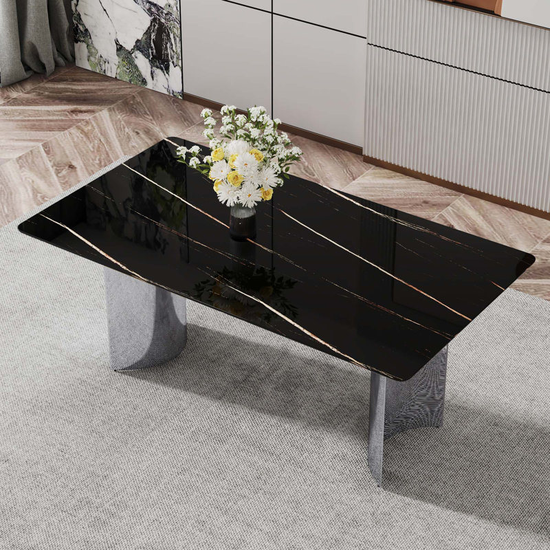 Table de salle à manger en verre marbré (table seulement), Noir, H 29,5 po x L 71 po x l 39,3 po, Argent argent