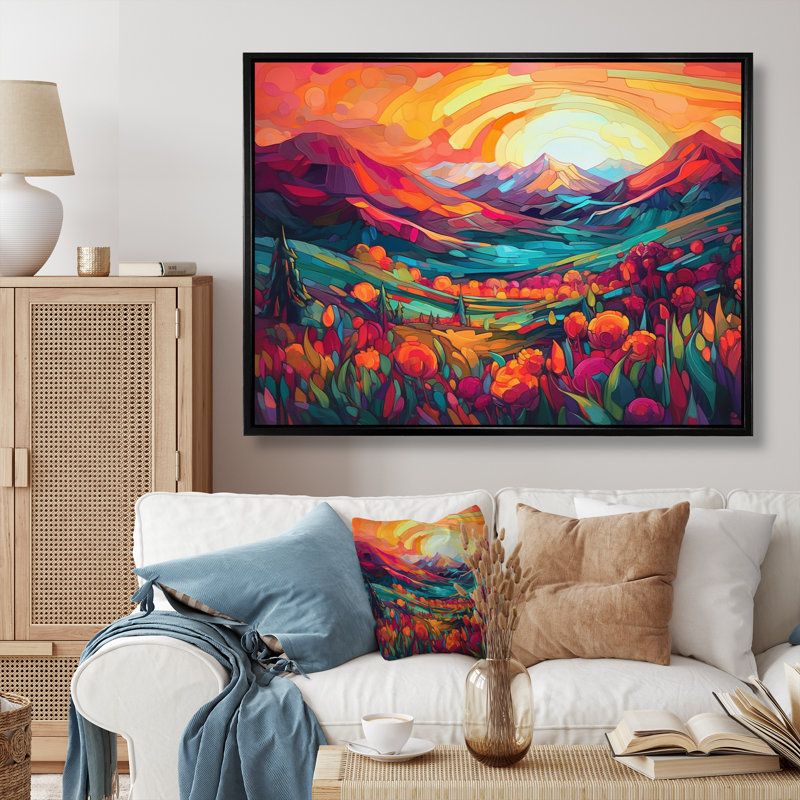 «Vibrant Sunset Shining Over Mountains I», art sur toile, H 12 po x l 20 po x P 1 po, Cadre flottant noir