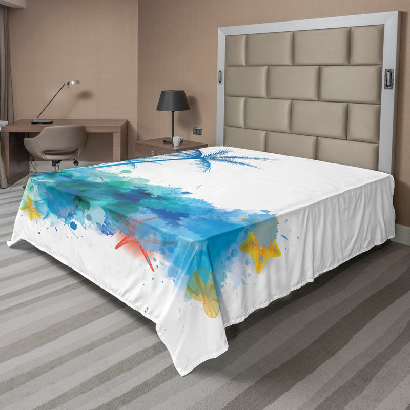 Ambesonne Beach Top Flat Sheet Seashells Blue Palm Art Blue White, King Flat Sheet