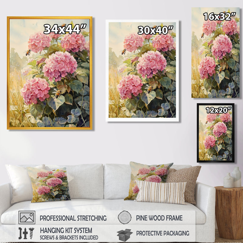 Hortensias dans le champ de trèfles I - hydrangées, art mural, Noir, Reproduction avec cadre flottant, H 20 po x l 12 po