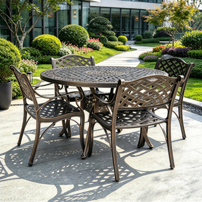 5 Piece Modern Outdoor Dining Set for 4, Bronze Aluminum Patio Table and Chairs, 48" Round Table with Umbrella Hole, Brown