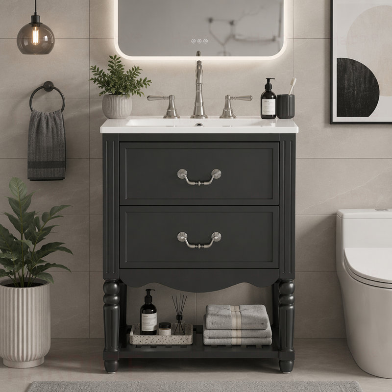 Meuble-lavabo de salle de bain avec lavabo en céramique, armoire de salle de bain avec deux tiroirs à fermeture en douceur et une tablette ouverte