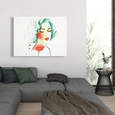 Left Side Watercolor Serenely Lady Portrait | Turquoise Canvas