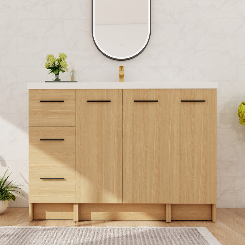 Meuble-lavabo autoportant simple 48 po avec lavabo en résine, meuble-lavabo autoportant avec 3 portes, 3 tiroirs et 2 tablettes réglables