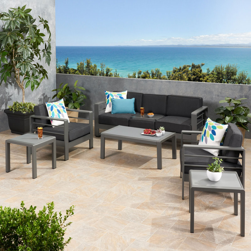 5 - Person Patio Conversation Set with Cushions, Gray Frame / Dark Gray Cushion