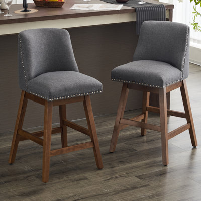 Upholstered Swivel Bar Stools Set Of 2, Modern Linen Fabric High Back Counter Chairs With Ergonomic Design, Wood Frame & Adjustable Foot Pad For Kitchen Island, Home Bar, Dining Counter