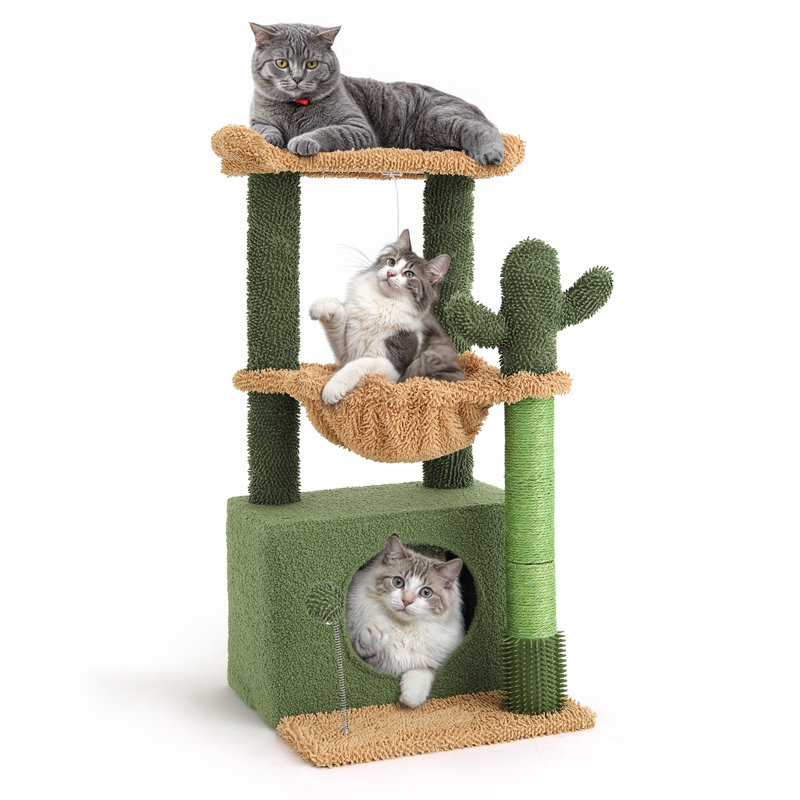 Everee 33" Cat Tree Tower, Green Cactus Cat Tree Condo House with Scratching Posts, Perch, Hammock