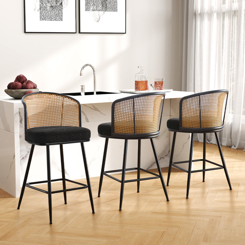 Cane Back Upholstered Counter & Bar Stool, Black, 2, Bar Stool (29" Seat Height)