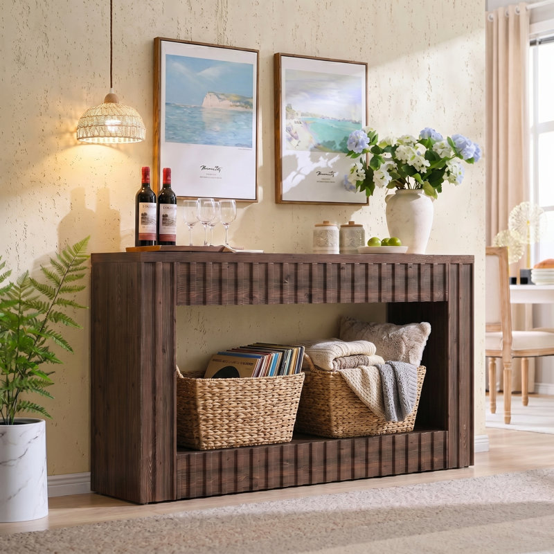 Solid Wood Console Table with Storage, 63-Inch Long Farmhouse Entryway Table, Sofa Table Behind the Couch, Wood Hallway Console for Living Room, Entrance, Stairs, Walnut Brown