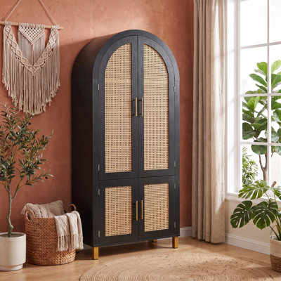 Armoire de rangement cintrée de style ferme moderne de 180 cm avec portes en rotin et étagères réglables - Noir