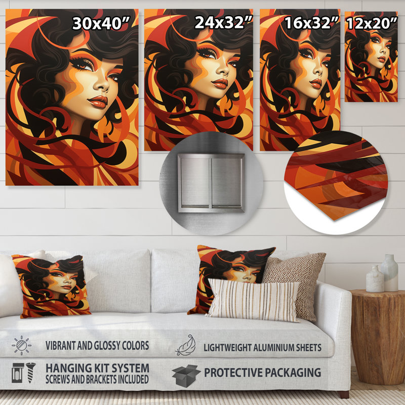 Orange et noire mode femme Diva - Art mural en métal Pop Art, H 40 po x l 30 po x P 1,5 po