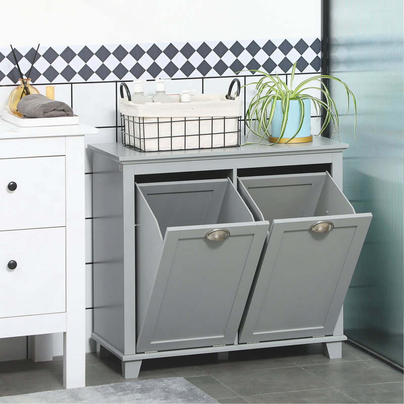 Tilt-Out Laundry Sorter Cabinet, Bathroom Storage Organizer With Two-Compartment Tilt-Out Hamper, Gray