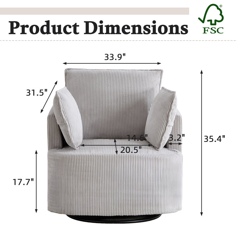 33.86'' Wide Contemporary Soft Upholstered Swivel Barrel Chair With Two Accent Pillows, Gray