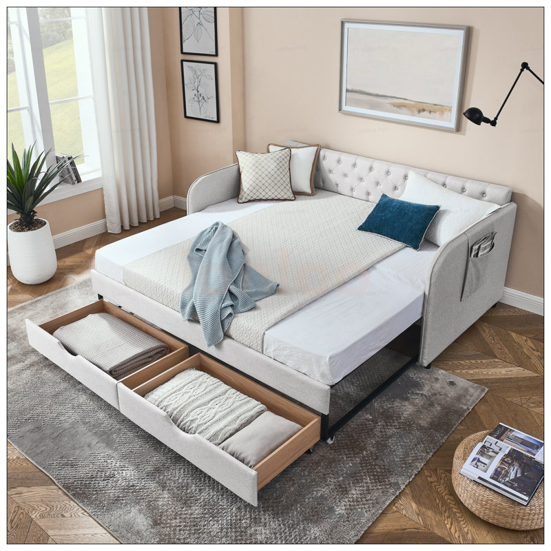 Twin Size Upholstery Daybed with Trundle Bed, Two Storage Drawers, and Extendable Design for Versatile Use in Bedrooms and Living Rooms, Linen Grey