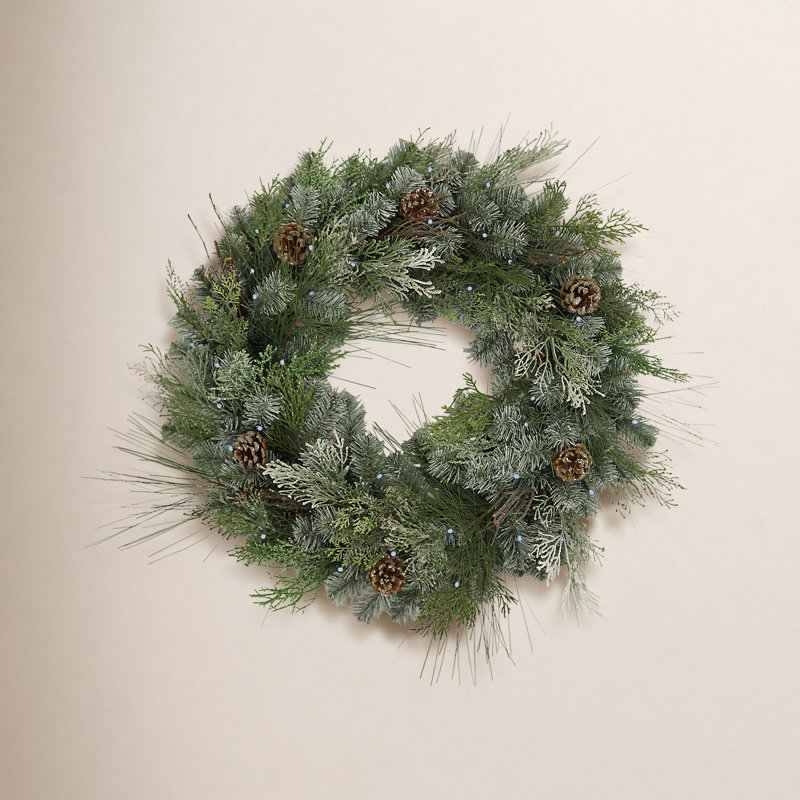 Pre Lit Led Snowy Mixed Pine Wreath With Pinecones