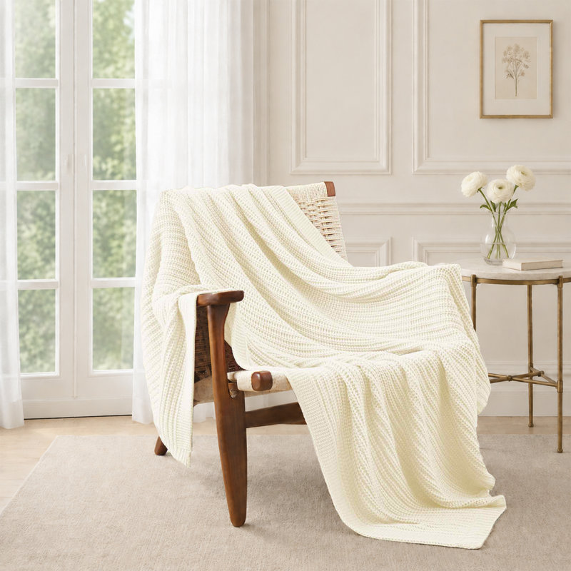 Jeté en tricot gaufré - couverture décorative légère respirante 50 "x 60" pour canapé, canapé et lit - Jeté Coho Farmhouse - lavable à la machine, crème
