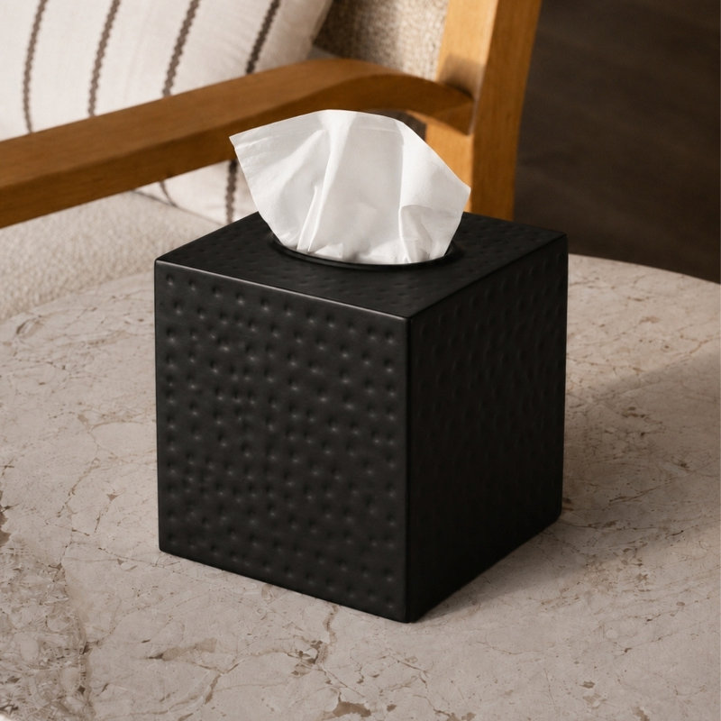 Hand Hammered Metal Tissue Box Cover, Matte Black