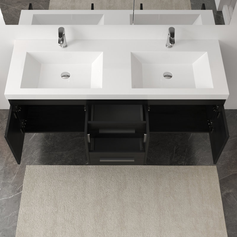 Ensemble de meuble-lavabo mural double 60 po avec surface solide Avalia, Noir