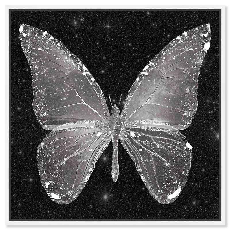 «Sparkling Silver Butterfly» par Art Remedy, H 13 po x l 13 po x P 1,8 po, Cadre flottant blanc