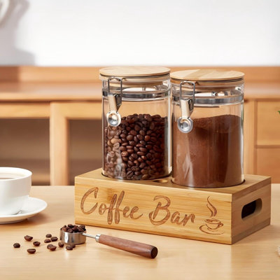 Coffee Canister Set With Shelf, 2 X 50Oz Coffee Bean Canister Storage Station Organizer With Airtight Lid For Kitchen, Food Storage With Scoop