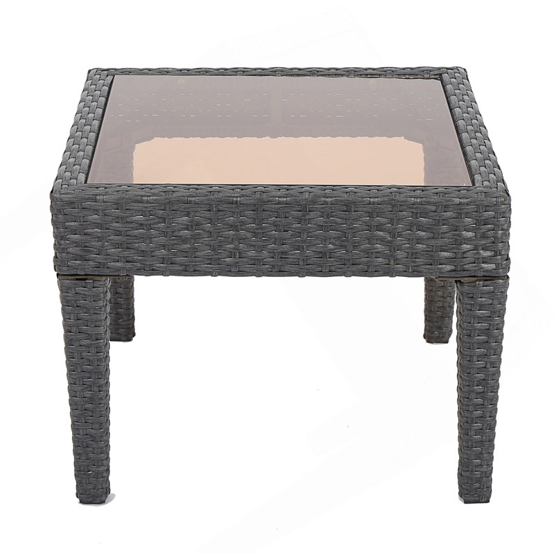 Durable Outdoor Wicker And Iron Accent Table With Weather-Resistant Glass Top For Patio And Garden Use, Gray