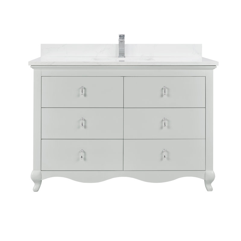 Meuble-lavabo simple 48 po en bois massif avec plateau en pierre reconstituée de 1 po, Argent argent
