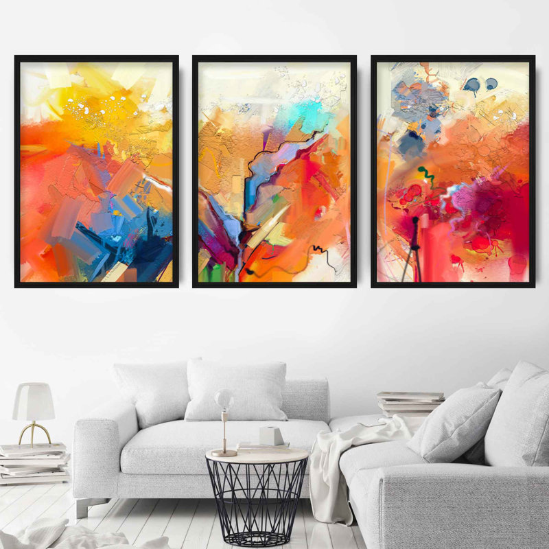 Summer Sunset - 3 Piece Single Picture Frame Painting, Black Framed, 43cm H x 33cm W 