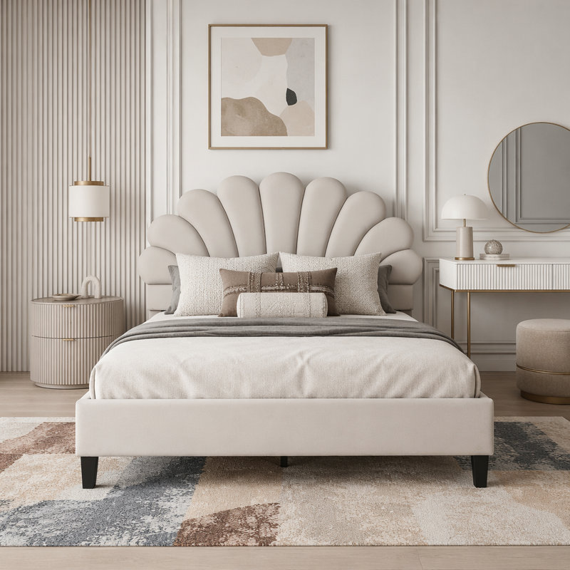 Lit plateforme tapissier avec tête de lit en velours à motif floral, Lit double, Beige