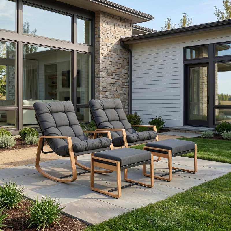 Ensemble de chaises berçantes et repose-pieds Arunas pour l'extérieur avec structure en acier à grain de bois 4 pièces
