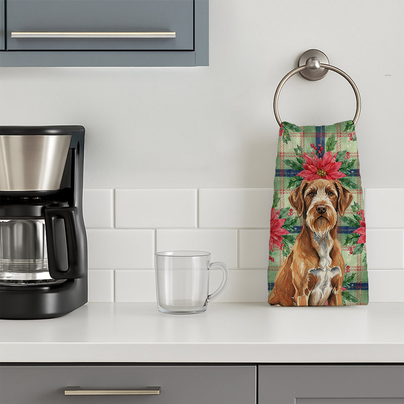 Wirehaired Pointing Griffon Christmas PoinsettIas Kitchen Towel, Brown/White Wirehaired Pointing Griffon