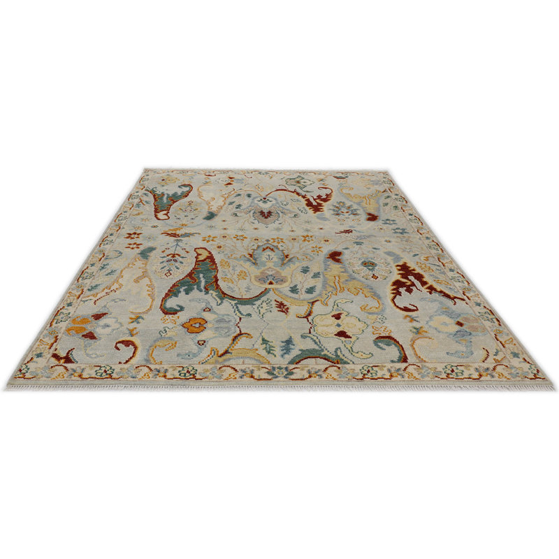 Tapis multicolore Oushak en laine noué à la main gris menthe, Rectangle 10' x 14'