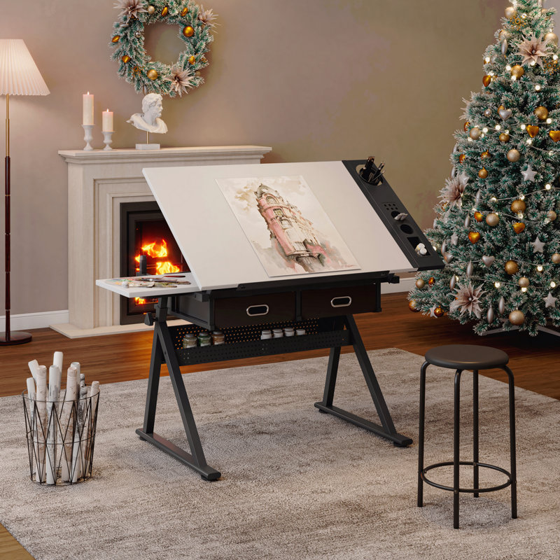 Adjustable Drawing Drafting Table Desk With 2 Drawers For Home Office And School With Stool, Blanc