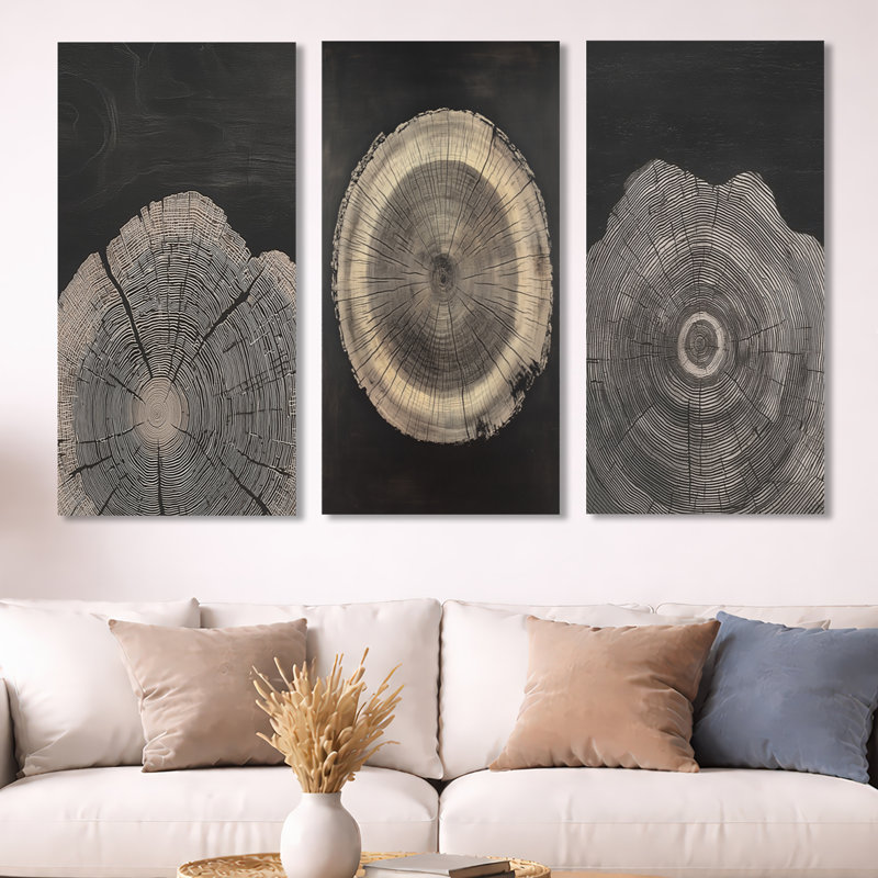 Spirale noire Rift sur glissade sur bois - arbres gris 3 panneaux muraux en métal, H 32 po x l 72 po