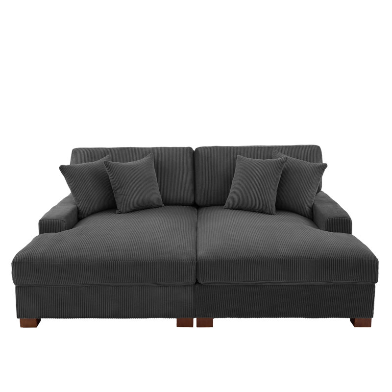 Très grand canapé-lit rembourré en velours côtelé gris avec accoudoirs et coussins décoratifs, Gris