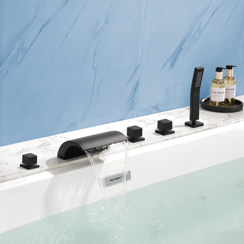 Deck Mount Roman Tub Faucet Set Waterfall High Flow Bathtub Faucets, Black