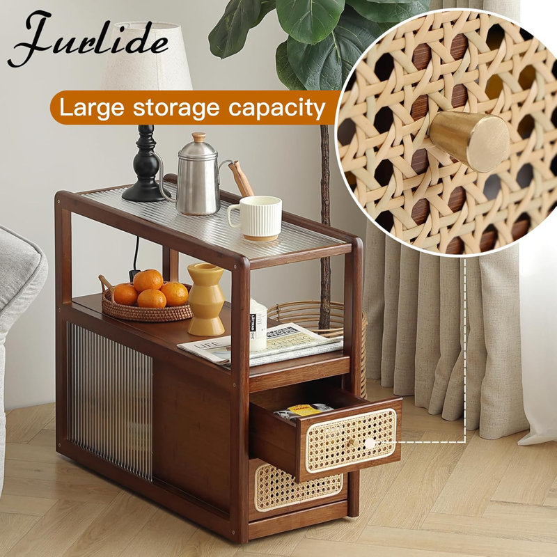 Mid-Century Modern Rattan Side Table With Glass Top And Storage, Walnut